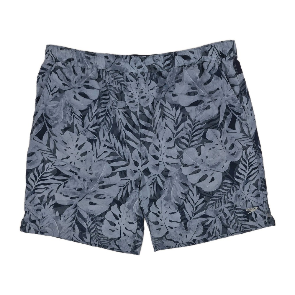 Speedo Men's Tech Volley Swim Trunks Blue Tropical Monstera Leaf Print Sz XXL